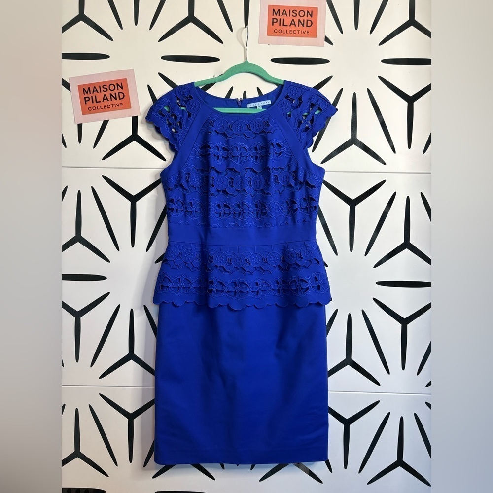Antonio Melani Cobalt Blue Cocktail Dress w/ Laser Cutouts & Cap Sleeves – Sz 10 - Picture 2 of 14